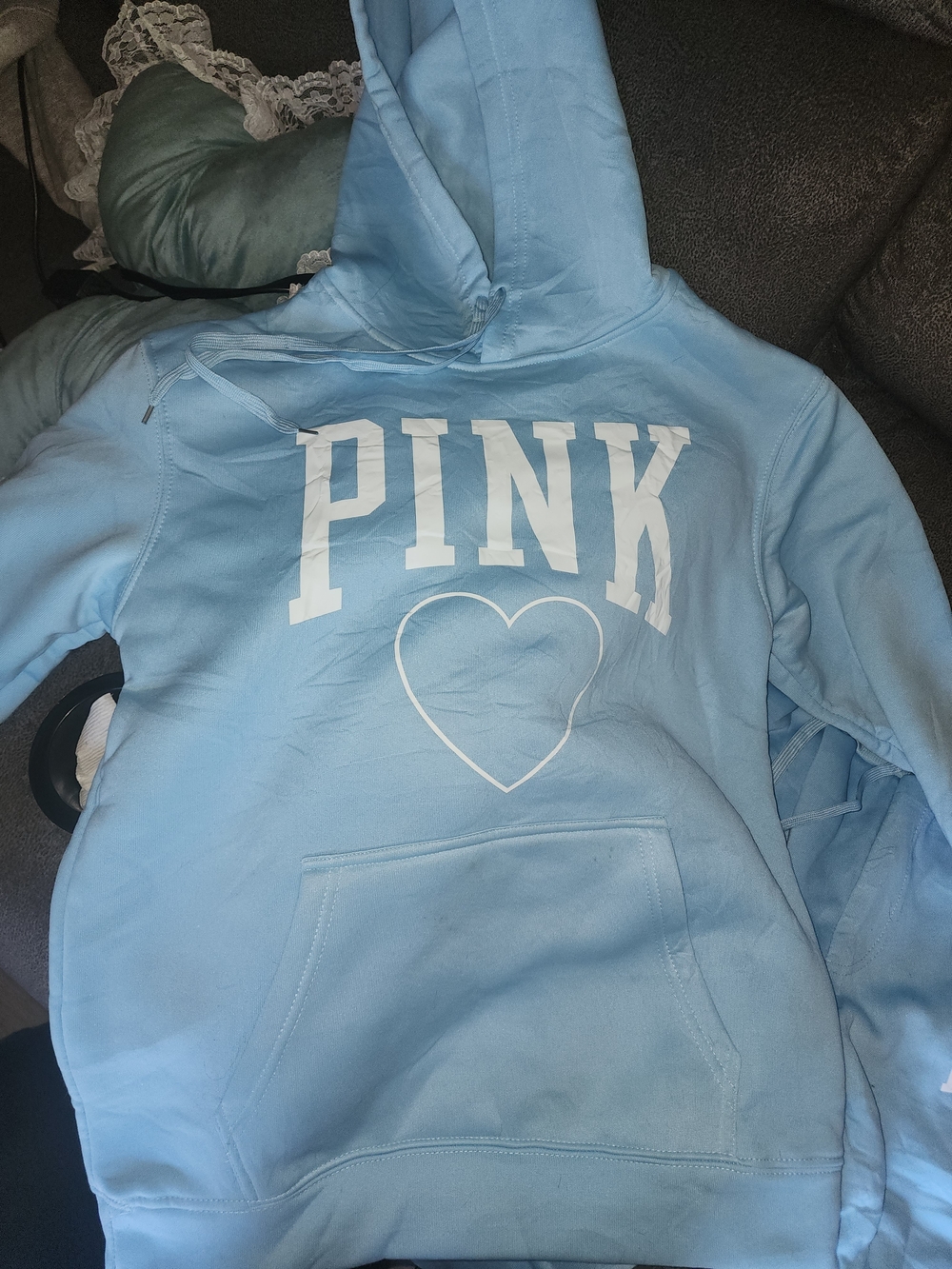 PINK Light Blue Hoodie with White Logo